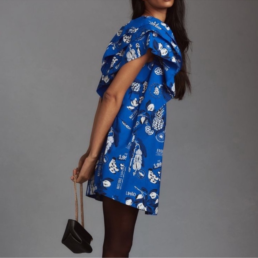 FARM Rio Blue Ruffle Sleeve Dress with White Tropical Print - Picture 3 of 7